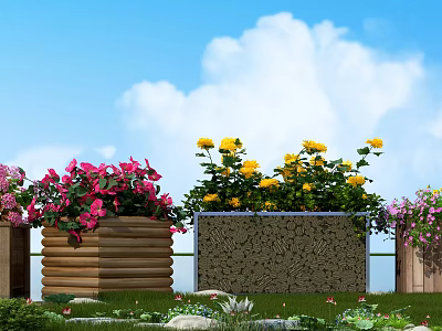 Colorful Outdoor Garden Planters With Pink Yellow Flowers And Wooden Textured Designs On Lawn 3d model