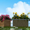 Colorful Outdoor Garden Planters With Pink Yellow Flowers And Wooden Textured Designs On Lawn