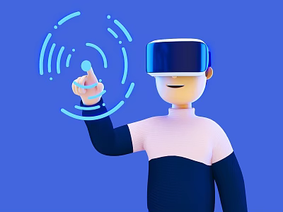 Game Movie Character Wearing VR Headset Interacting With Virtual Interface in Blue Background 3d model