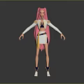 Woman With Pink Long Hair White Top Yellow Accents White Skirt And White Boots