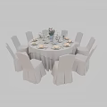 Elegant Round Dining Table Set With White Chairs Tablecloth Tableware And Flower Centerpiece 3d model