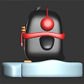Cute Penguin Figurine Wearing Red Headphones And Red Scarf On Blue Ice Block