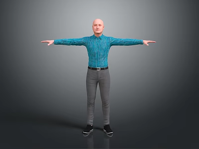 Man In Blue Striped Shirt Standing With Arms Outstretched Against Gray Background 3d model
