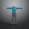 Man In Blue Striped Shirt Standing With Arms Outstretched Against Gray Background