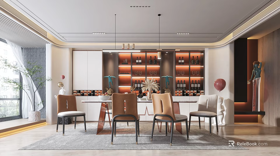 Elegant Modern Restaurant Interior With Dining Table Chairs Hanging Lights And Wine Wall 3d model