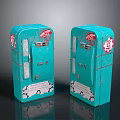 Two Turquoise Vintage Coin Operated Machines With Red Logos And Slots