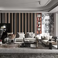 Modern Living Room Interior With Striped Wall Sofa Bookshelf Decorative Painting And Marble Floor