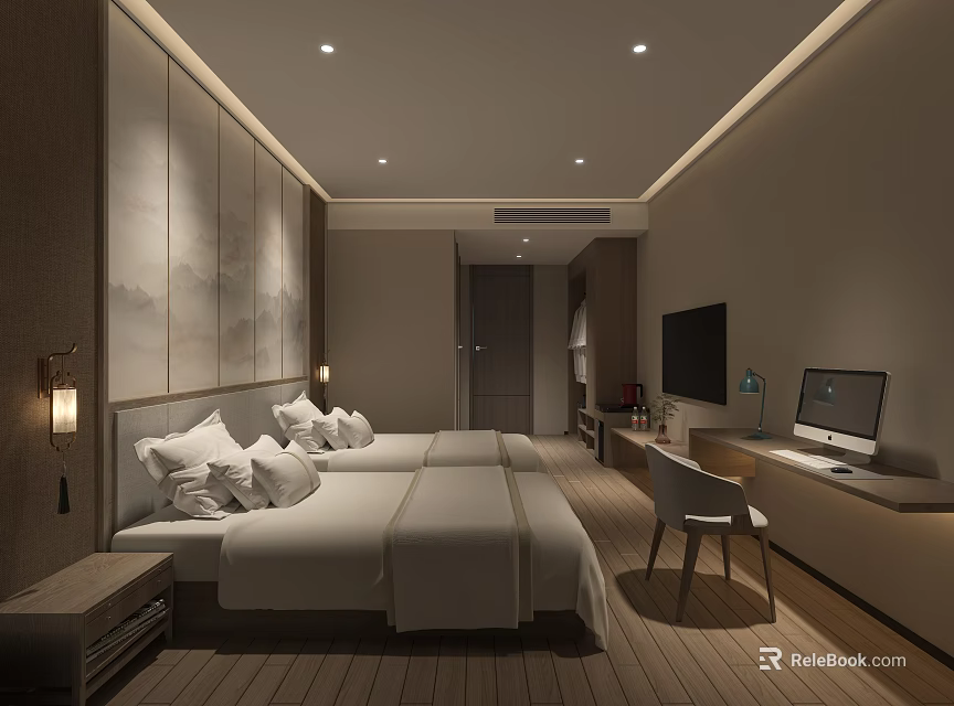 Modern Hotel Guest Room With Twin Beds Wooden Flooring Wall Decor TV Desk And Chair 3d model 