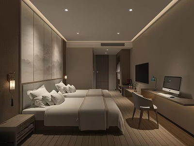 Modern Hotel Guest Room With Twin Beds Wooden Flooring Wall Decor TV Desk And Chair 3d model