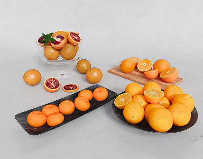 Fresh Blood Oranges and Oranges Sliced in Glass Bowl on Wooden Tray and Black Plates 3d model