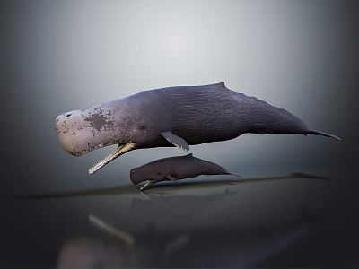 Two Whales Large And Small Swimming In Dark Background With Water Reflection 3d model
