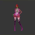 Anime Female Character With Silver Hair Orange Coat Plaid Skirt And Purple Thigh High Socks