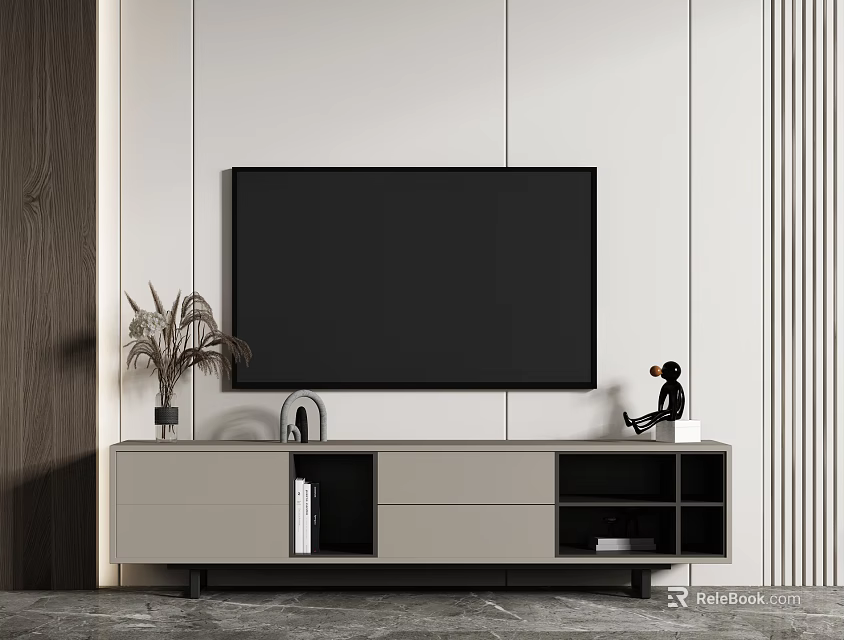 Modern TV Stand With Flat Screen TV Plant Decor And Storage Compartments 3d model