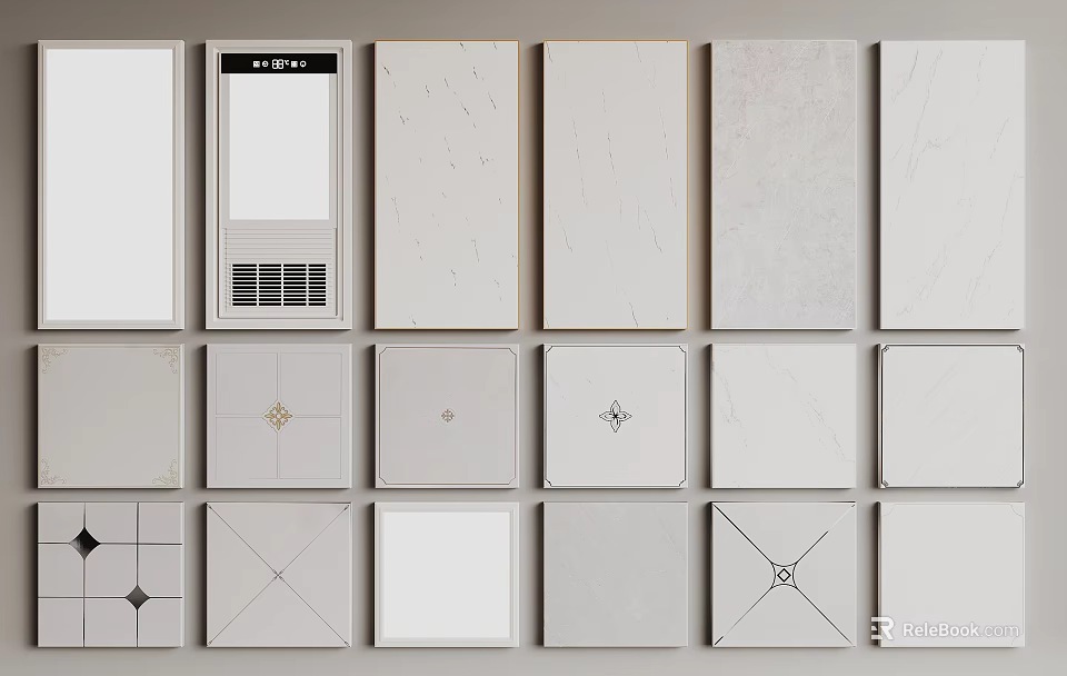 Various Modern Ceiling Panels With Decorative Cross Dot Patterns And White Gray Tiles 3d model