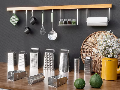 Kitchen Tools Hanging On Wooden Rack With Cheese Graters Limes And Wicker Basket 3d model