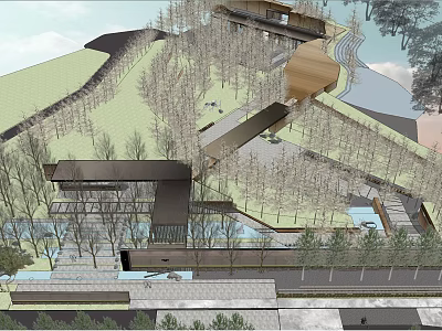 Modern Garden Landscape Design With Architectural Structures Trees And Water Features 3d model