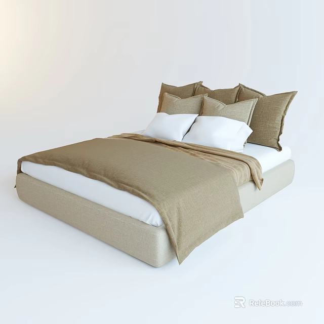 Modern Double Bed Design With Beige Frame Brown Duvet And White Pillows 3d model