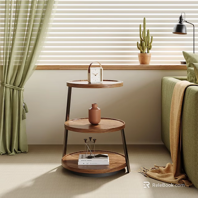Modern Living Room Side Table With Three Tier Wooden Top Metal Frame And Decorative Items 3d model 