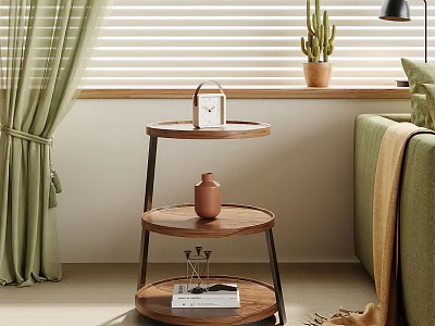 Modern Living Room Side Table With Three Tier Wooden Top Metal Frame And Decorative Items 3d model