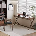 Wooden Desk and Chair Set with Laptop Fruit Table Lamp near Blinds and Bookshelf