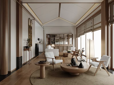 Modern Elegant Living Room Interior With White Sofa Round Coffee Table And Wooden Elements 3d model