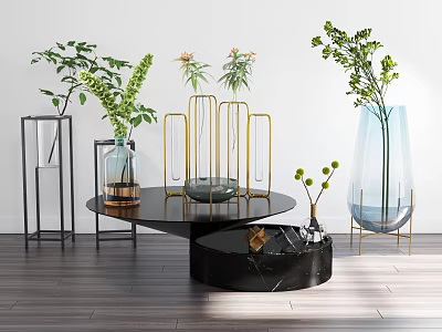 Modern Black Marble Coffee Table With Vases Green Plants And Decorations 3d model