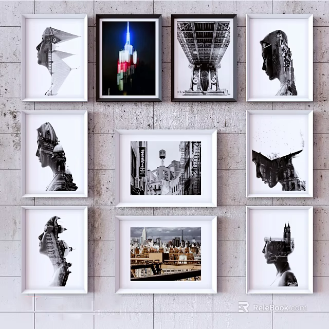 Colorful City Landscape Painting With Black And White Art Frames On Wall 3d model 