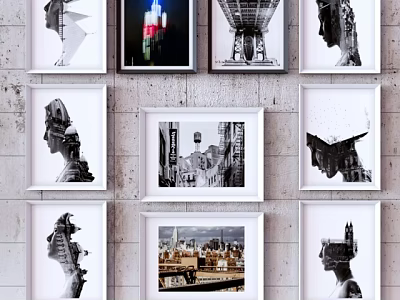 Colorful City Landscape Painting With Black And White Art Frames On Wall 3d model