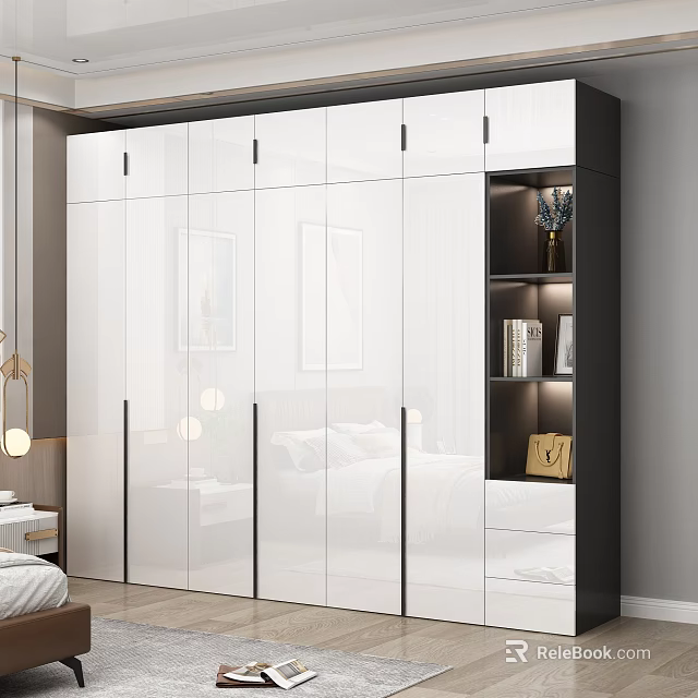 Modern White Wardrobe With Glass Doors Black Frames And Illuminated Shelf Storage 3d model 