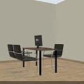 Brown Wooden Office Desk With Computer Monitor Mouse Phone Black Chair And Blue Pink Folders