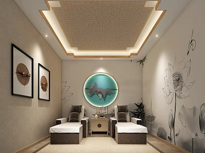 SPA Sauna Interior Design With Two Reclining Chairs Circular Green Decor And Lotus Wall Art 3d model