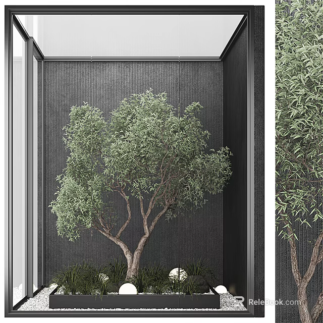 Indoor Arbor With Lush Green Leaves Dark Wall Background And Decorative Balls 3d model 