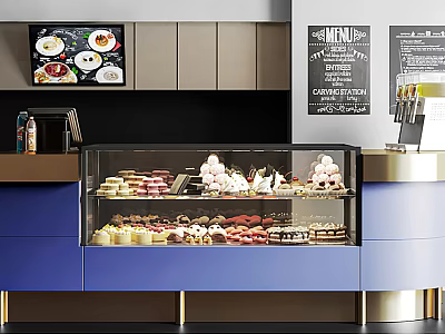 Modern Glass Display Cabinet Showcasing Pastries And Desserts In Coffee Shop Interior With Blue Base 3d model