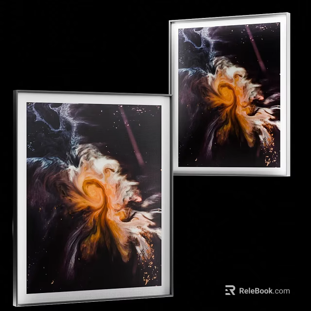 Abstract Art With Golden Swirl Fluid Texture And Black Background In Silver Frame 3d model 