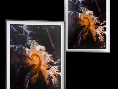 Abstract Art With Golden Swirl Fluid Texture And Black Background In Silver Frame 3d model