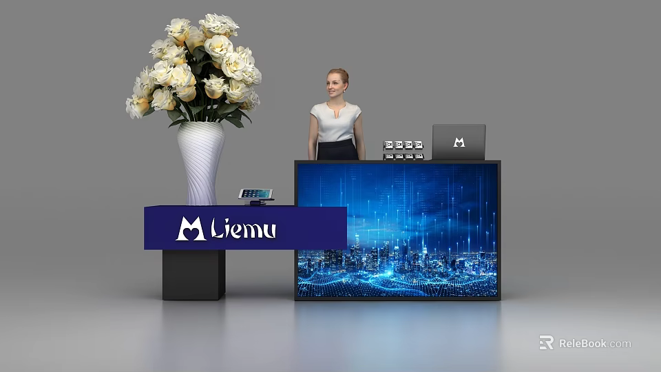 Modern Reception Desk With Blue Liemu Sign White Flower Vase Female Receptionist And Digital Screen 3d model 