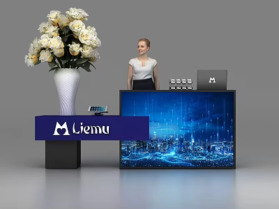 Modern Reception Desk With Blue Liemu Sign White Flower Vase Female Receptionist And Digital Screen 3d model