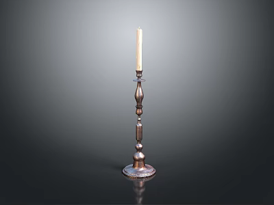 Metal Candle Holder With Decorative Column Base And Lit White Candle On Dark Background 3d model