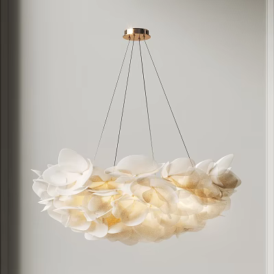 White Petal Shaped Chandelier With Hanging Design And Soft Lighting Effect 3d model