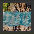 Rock Cube Structure With Blue Water Pool And Metal Pipe Plus Green Vegetation