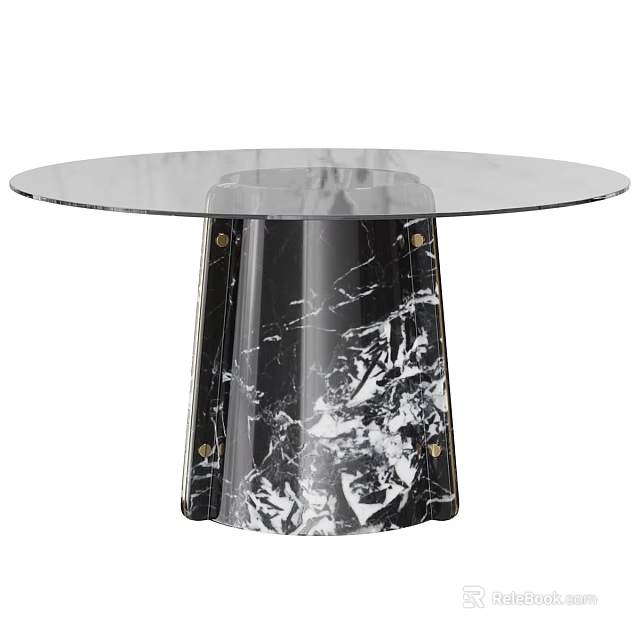 Round Glass Top Dining Table With Black And White Marble Base Modern Design 3d model 