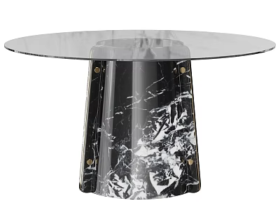Round Glass Top Dining Table With Black And White Marble Base Modern Design 3d model