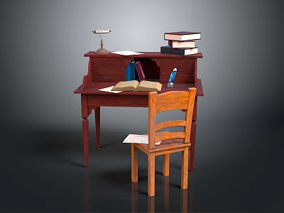 Wooden Writing Desk With Drawer Open Book Lamp Stacked Books Pen And Chair 3d model