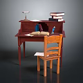 Wooden Writing Desk With Drawer Open Book Lamp Stacked Books Pen And Chair