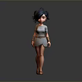 3D Character Girl with Short Black Hair Gray Dress and Brown Belt Standing