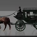 Vintage Green Horse-Drawn Carriage with Wooden Windows Pulled by Two Horses and Driver