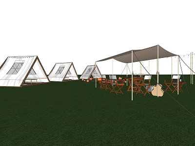 Tranquil Garden Landscape With White Tents Wooden Chairs And Lush Green Grass 3d model