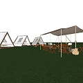 Tranquil Garden Landscape With White Tents Wooden Chairs And Lush Green Grass