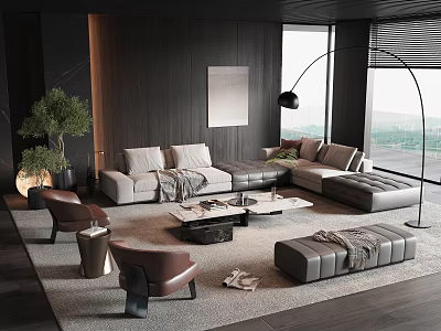 Modern Sofa Coffee Table Set Featuring L shaped Design Brown Accent Chairs And Floor Lamp 3d model