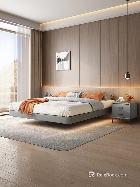 Modern Double Bed Background In Bedroom With Cozy Bedding And Decorative Elements 3d model 